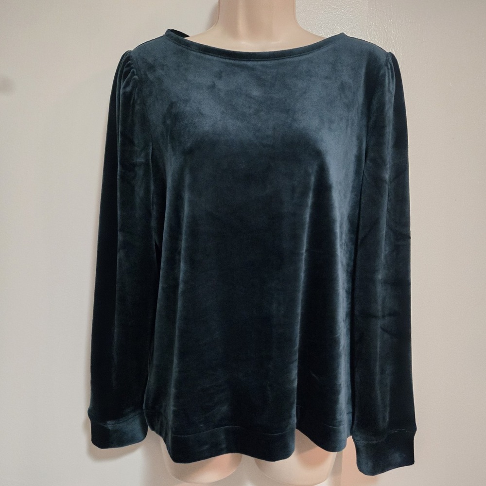 Weekends by Chico's Size 1 (M) Dark Green Soft Plush Velvet Round Neck Top EUC